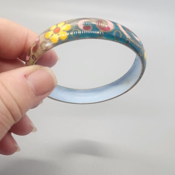 Enamel Floral Metal Bangle Bracelet Cuff Robert Kuo Unmarked Cloisonne Boho VTG - Picture 5 of 7